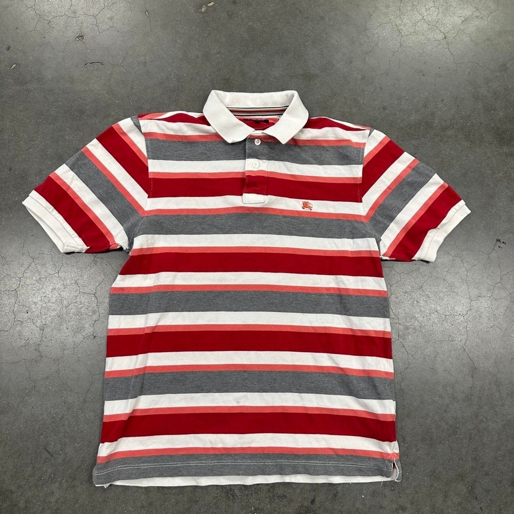 VTG Burberry London Striped Polo Shirt Red Grey White Knight Logo Size 5/LARGE